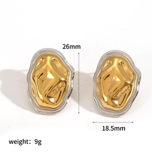 Detail view of liquid metal earrings with size measurements 26mm by 18.5mm and weight 9g