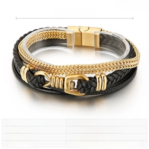 Detail of multi-layer braided leather bracelet with gold stainless steel magnetic clasp