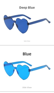 Side view of heart-shaped rimless sunglasses in deep blue and blue ocean lens styles