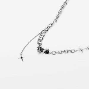 Multilayer titanium steel necklace with black gemstone and cross pendants in silver finish