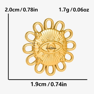 Detail showing dimensions of gold evil eye sunflower pendant with 1.9cm x 2.0cm measurements