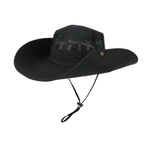 Detail view of black sun hat featuring breathable mesh panels and adjustable wind rope