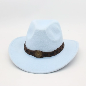 Close-up of light blue wool felt cowboy hat with braided band and star metal badge