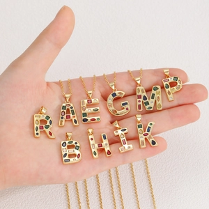 Multicolor Cubic Zirconia Initial Alphabet Pendant Necklace Gold Plated Copper Elegant Style Fashion Jewelry For Women