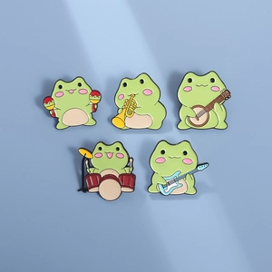 Set of 5 cute green enamel frog band pins playing guitar, drums and trumpet music