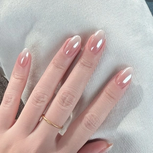 ABS Plastic French Pink White Gradient Press On Nails Metallic Shimmer Oval Shape Fake Nails For Women Daily Manicure