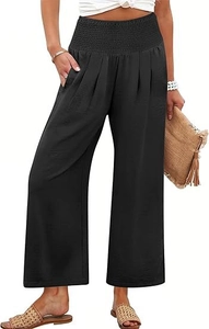 Vue détaillée du pantalon noir à jambe large avec taille haute plissée élastique
