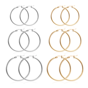 Minimalist 2mm stainless steel hoop earrings set in silver and gold in various sizes