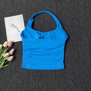 Detailed flat lay of sky blue halter sports top with ribbed waist and pleated chest