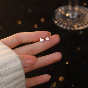 Exquisite S999 sterling silver heart stud earrings with colorful iridescent zircon stones