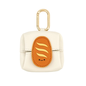 Mini cream leather earbud pouch with orange bread cartoon charm and golden metal clip