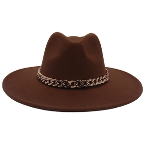 Detail of dark brown fedora with a wide brim and thick golden acrylic chain link