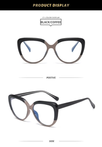 Detailed front and side view of cat-eye TR90 glasses frames in black and coffee contrast