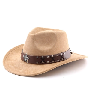 Khaki faux suede cowboy hat with vintage silver star badge and studded leather band