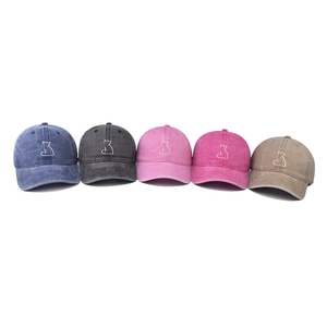 Gewaschene Vintage-Baseballkappen aus Denim mit Katzen-Stickerei in fünf verschiedenen Farben
