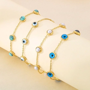 Bracelet En Acier Inoxydable Pour Femme Mauvais Œil Turquoise Künstliche Perle Plaqué Or Bohème Chaîne Réglable Bijou Élégant