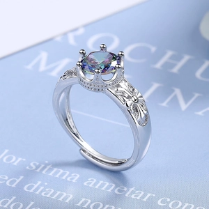 Vintage silver open ring with colorful round zircon and intricate crown pattern details