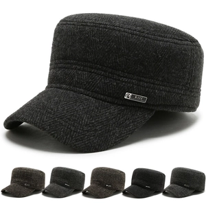 Men Winter Warm Flat Top Hat Herringbone Woolen Cadet Cap Thickened Cotton Lined Outdoor Patrol Hat For Middle Aged Men
