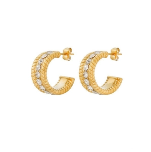 Golden twisted C-shaped earrings with inlaid cubic zirconia and stainless steel texture