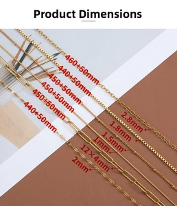 Size chart showing six gold titanium steel adjustable chains with length and width details