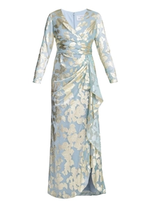 Elegant light blue maxi dress with gold floral jacquard and side slit on white background