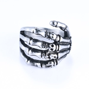 Retro silver stainless steel skeleton hand ring in punk gothic style for men