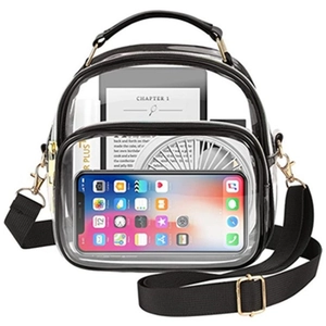 Clear TPU crossbody bag with black trim and double zipper pockets on white background
