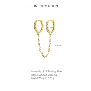 Technical drawing of 925 silver gold chain earrings with AAAAA zirconia and dimensions