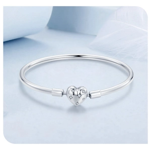Detail of S925 sterling silver heart charm bracelet with star patterns and feathers