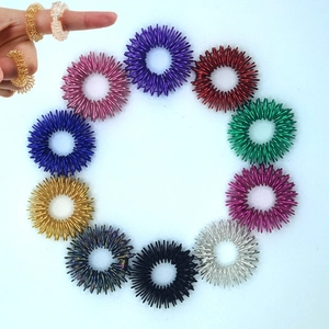 Set of colorful spring finger massage rings made of metal for sensory stress relief