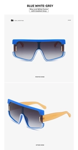 Dettaglio occhiali da sole oversize a maschera con montatura blu sfumata e lenti colorate