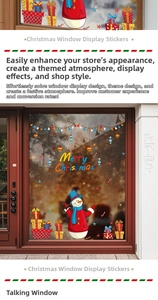 Detail of Merry Christmas window decals with snowman, gift boxes and festive star motifs