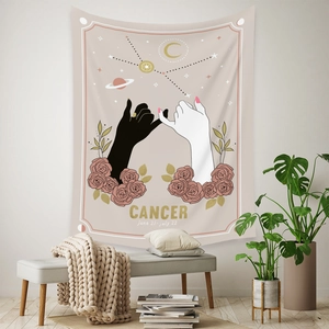 Cozy home interior featuring a Cancer zodiac wall tapestry with floral accents and star patterns