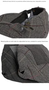 Close-up of herringbone wool flat cap showing adjustable metal side buckle and brim