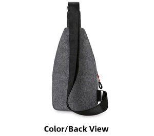 Detailed back view of grey fabric chest bag featuring a secure vertical red zipper pocket