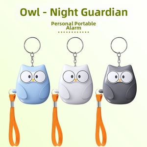 Three owl-shaped personal security alarms in blue, white, and grey with keychains