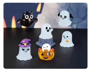 Set of 6 miniature Halloween resin figurines including ghost, pumpkin and bat owl