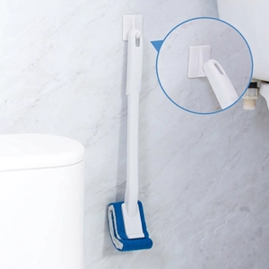 Wall-mounted long handle toilet brush with replaceable blue sponge heads and white plastic grip