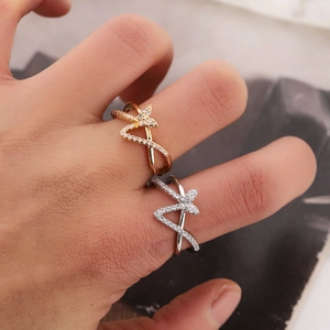 Elegant butterfly cross open ring with sparkling stones for women, gold and silver finishes