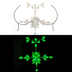 Luminous crystal breast jewels for festivals showing natural and glow-in-the-dark effects