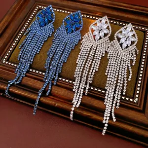 Elegant long tassel floral earrings with rhinestones in blue and silver finish
