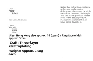 Specifications for white gold anxiety ring with size chart, weight, and plating details