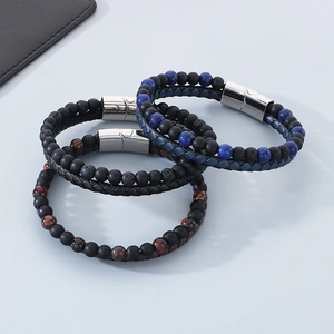 Men Bracelet Double Layer Braided Leather And Natural Stone Beads With Stainless Steel Magnetic Clasp Trendy Jewelry