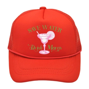 Detail of red trucker hat with Save Water Drink Margs slogan and cocktail graphic