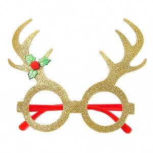 Christmas reindeer antler party glasses with gold glitter finish and red plastic frames