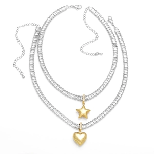 18k gold plated heart and star layered necklace with cubic zirconia stones