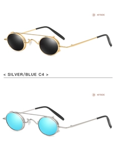 Detail view of round steampunk sunglasses with metal frames and unique double bridge design