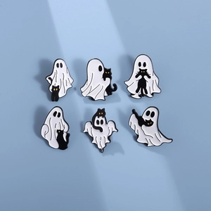 Set of 6 Halloween ghost and black cat enamel pins made of zinc alloy for backpacks