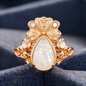 Bague vintage élégante en or rose avec opale en forme de poire et gravure florale