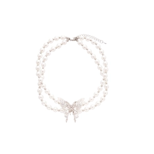Elegant double-layer pearl necklace featuring a sparkling crystal butterfly pendant